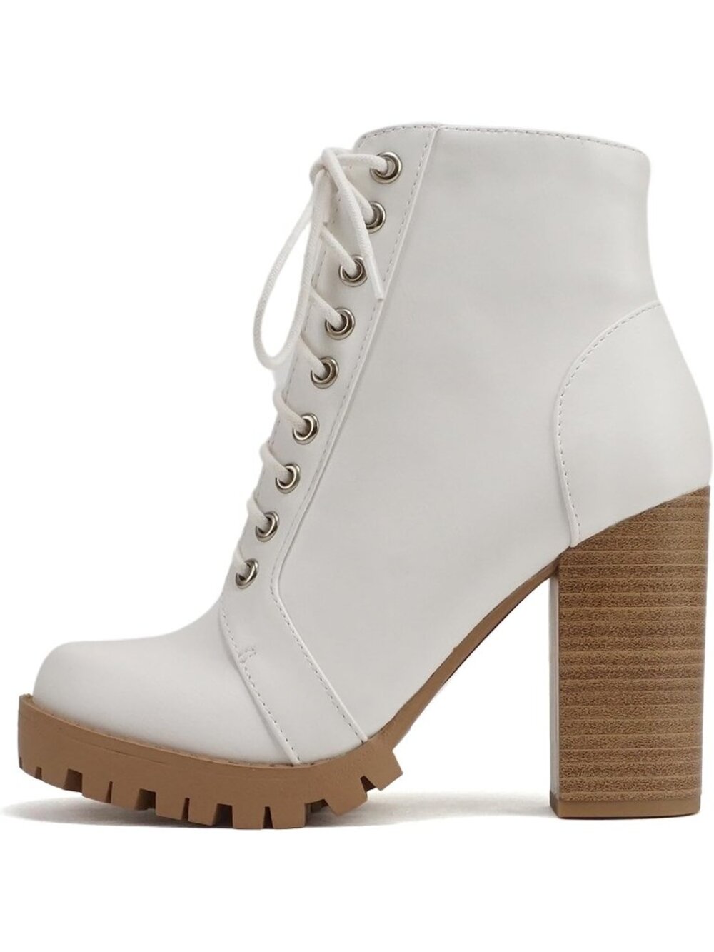 Women's White Nude Lace Up Casual Stacked Heels Closed Toe Zipper Ankle Boot